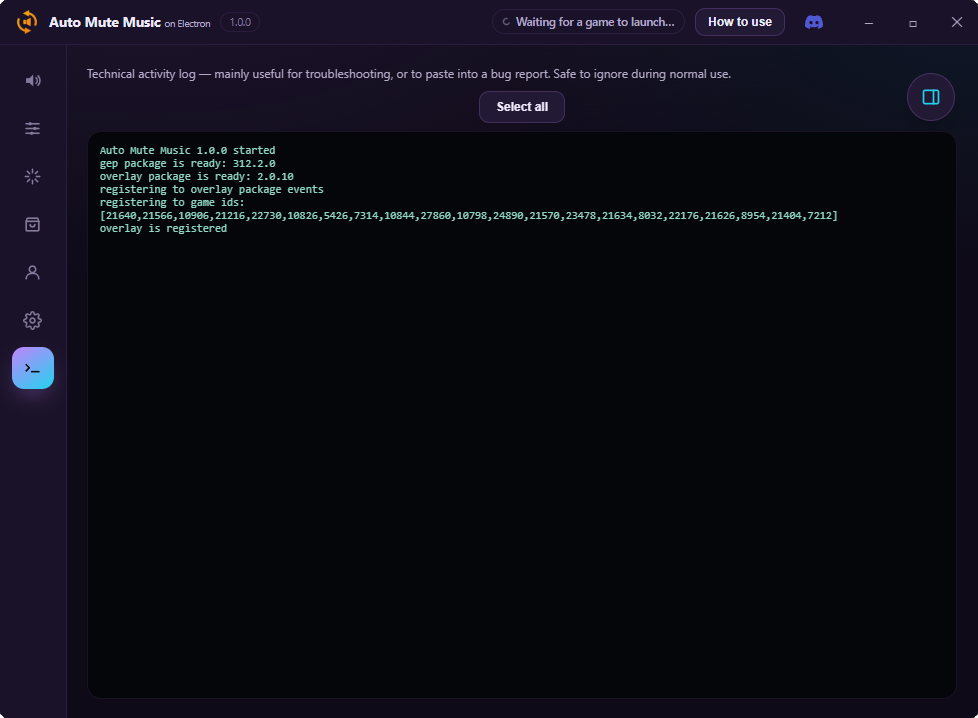 Log screen of the Electron app