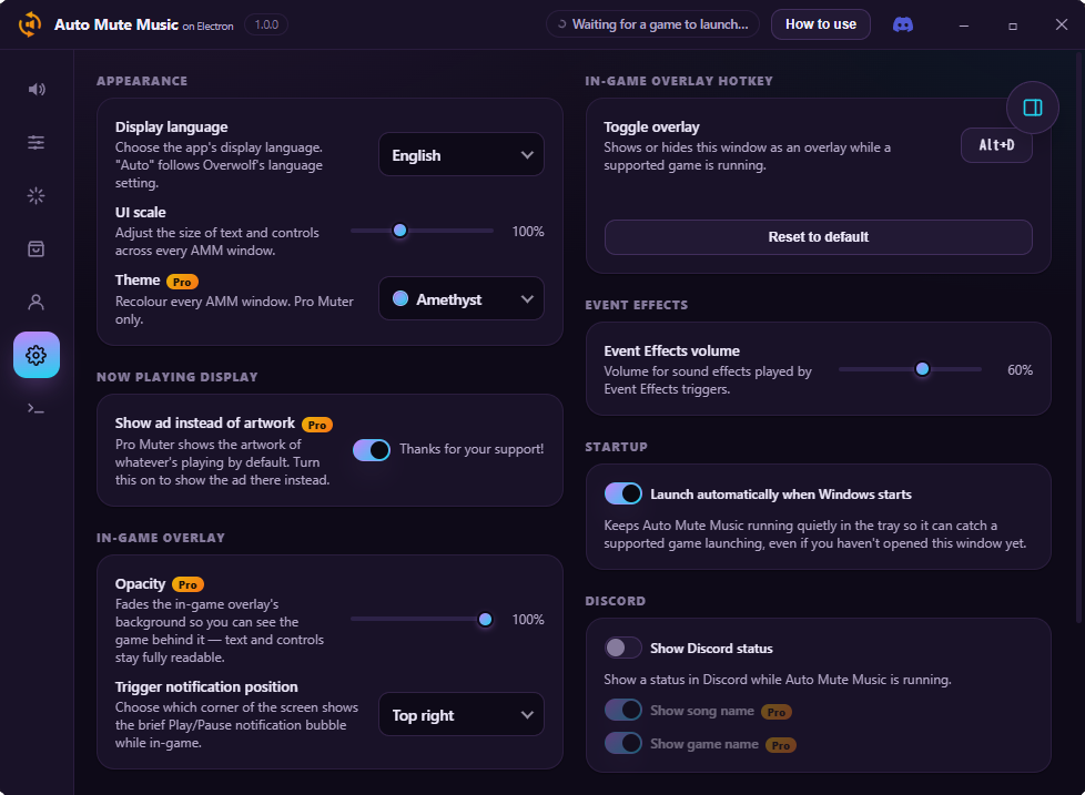 Settings screen of the Electron app