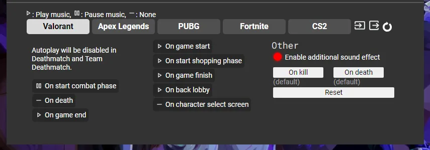 Captura de pantalla de la configuración de eventos